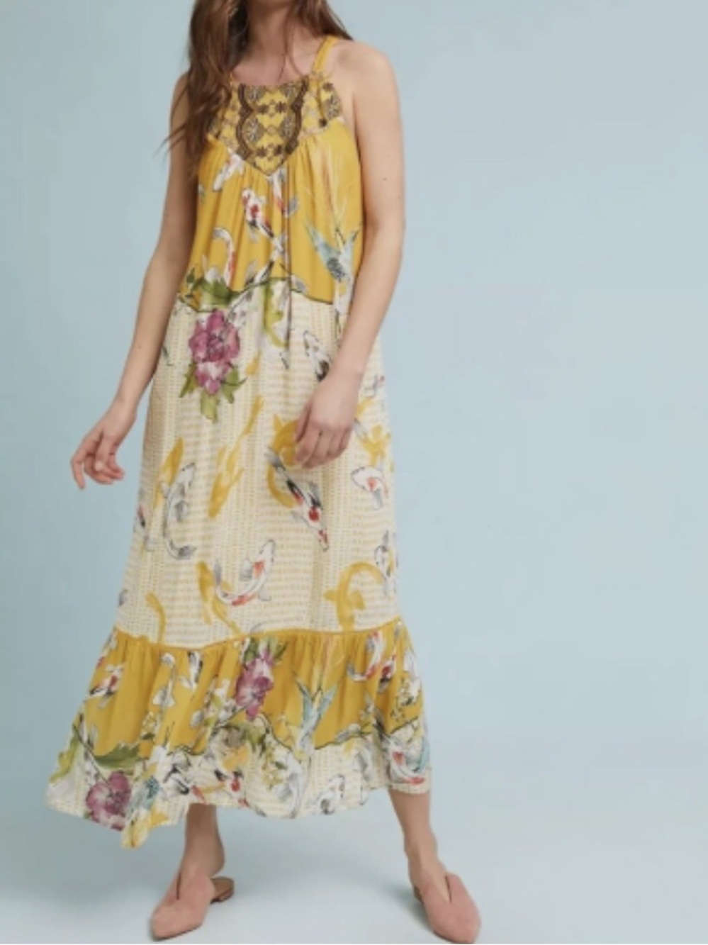 New Anthropologie One September Paradiso Gold Koi Embroidery Ruffle Maxi Dress M
